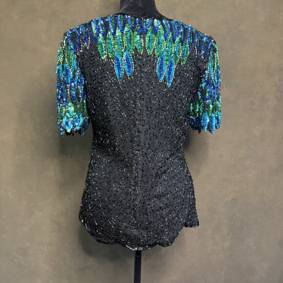 80s Women Stenay Sequin Blouse Top Black Blue Green Beaded Party Glam Occasion - Picture 3 of 11